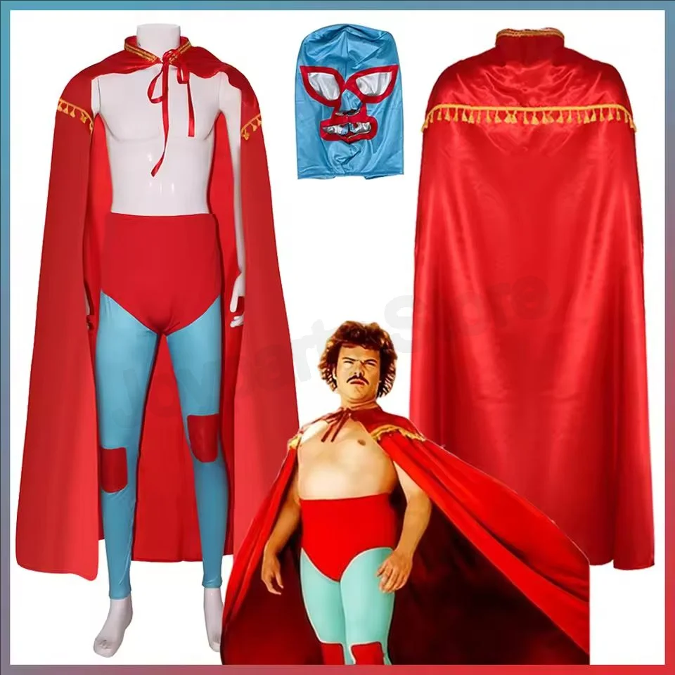 Nuevo disfraz de Nacho para hombre, disfraz de lucha mexicana Libre, máscara con capa roja, pantalones cortos, conjunto completo, disfraces de Carnaval de Halloween para adultos