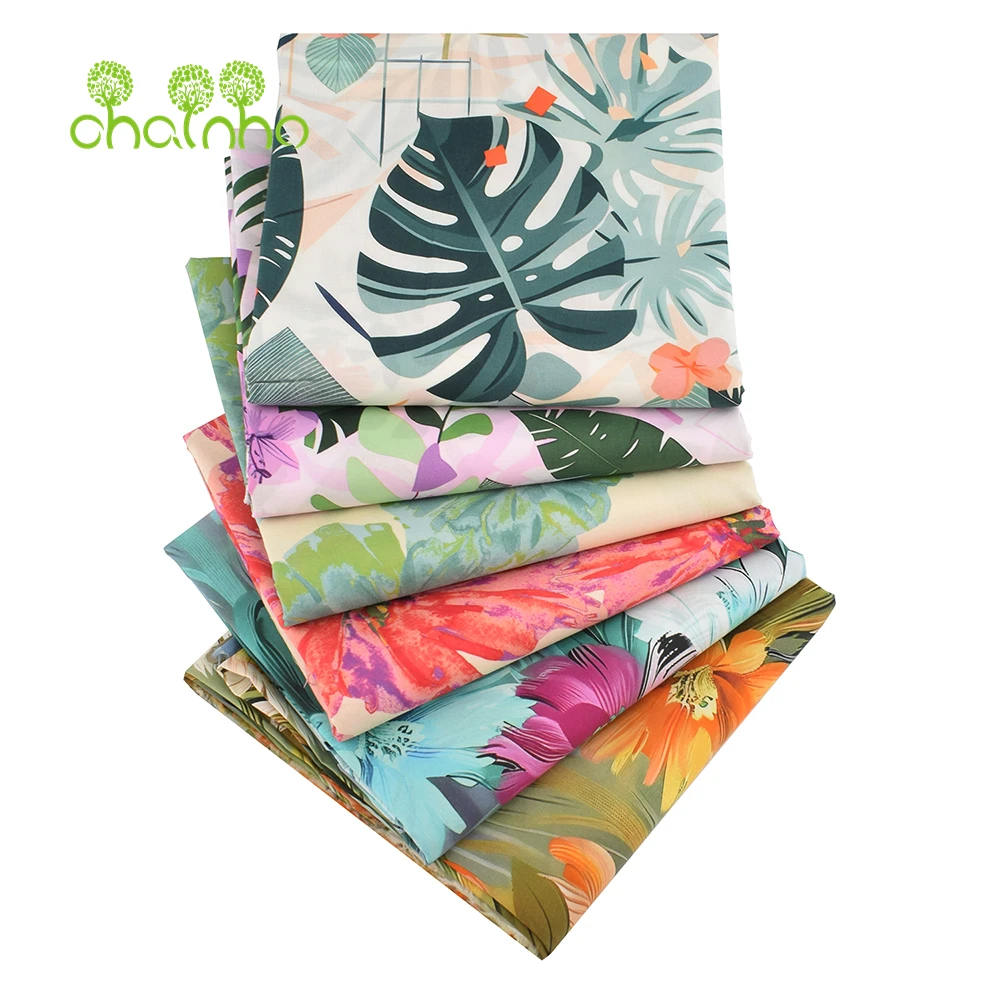 Chainho,Printed Plain Weave Poplin Cotton Fabric,DIY Quilting Sewing Material,Patchwork Cloth,Floral Series,2 Sizes,15PC226