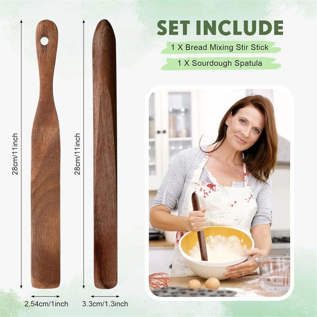 

11-дюймовая деревянная палочка для смешивания хлеба на закваске и 13-дюймовая деревянная лопаточка для перемешивания инструмента для смешивания