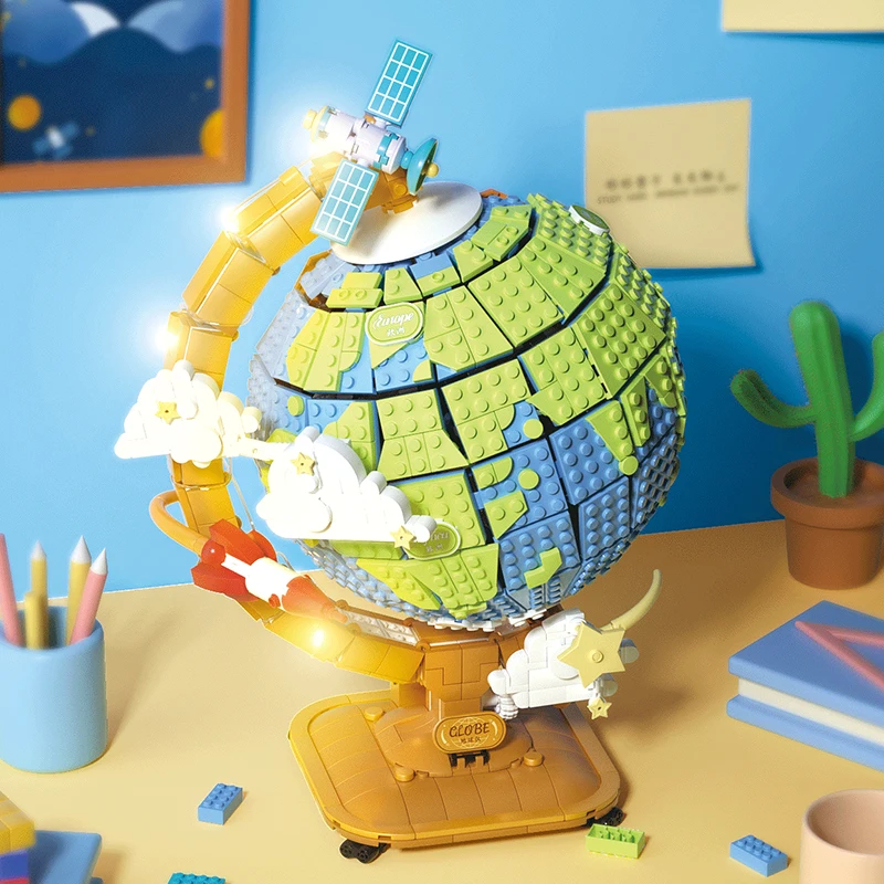 Gobricks MOC World Globe 360 Rotating Bricks Earth World Land Ocean Building Block Geography Educational Toys Decorations Gift