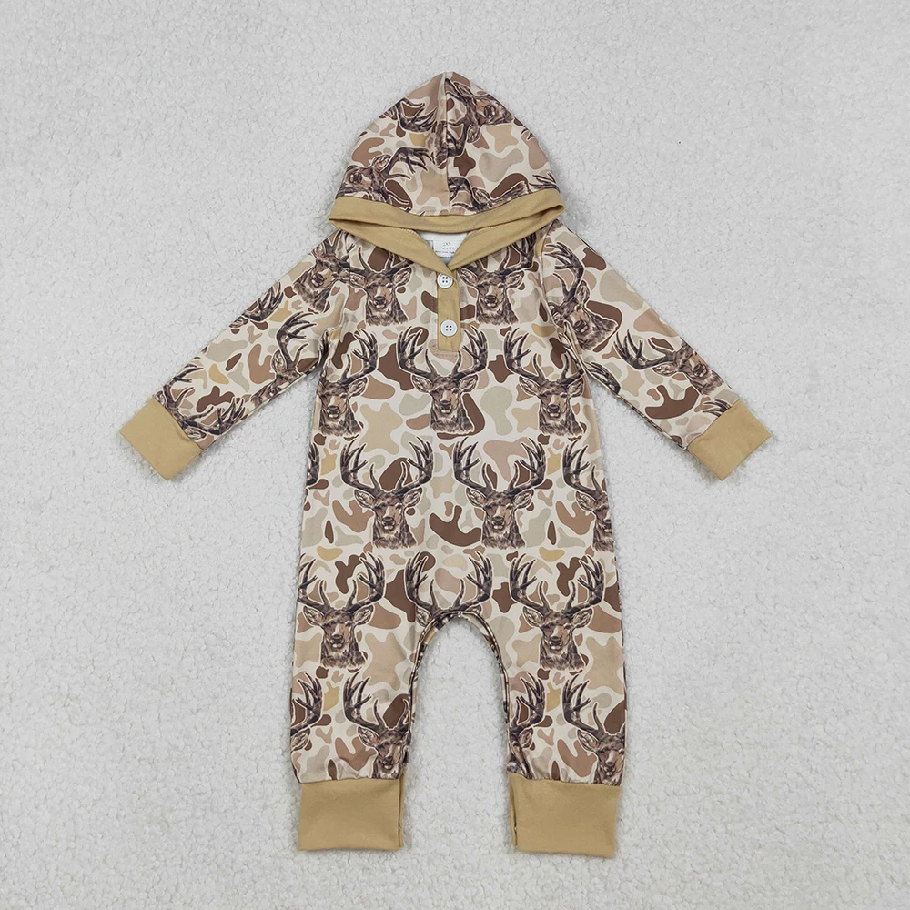 

Baby Boys Khaki Camo Deer Long Sleeve Hoodie Button Detail Hunting Rompers - Baby Hooded Outfit for Little Shooters