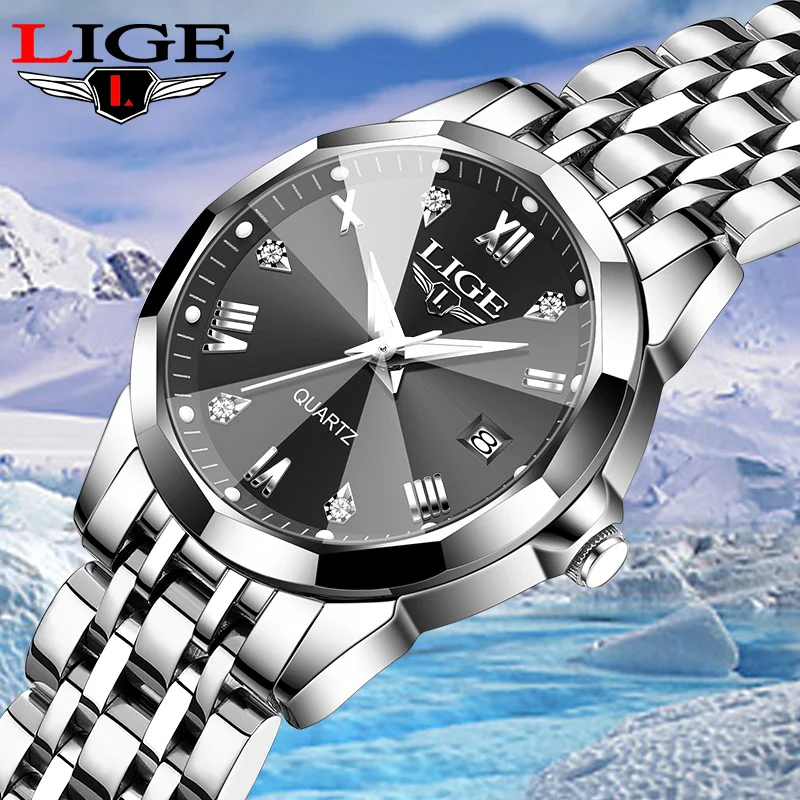 LIGE Luxury Quartz Watch Fashion Outdoor Sport Stainless Steel Strap Women Watches Calendar Waterproof Ladies Watch Casual Clock