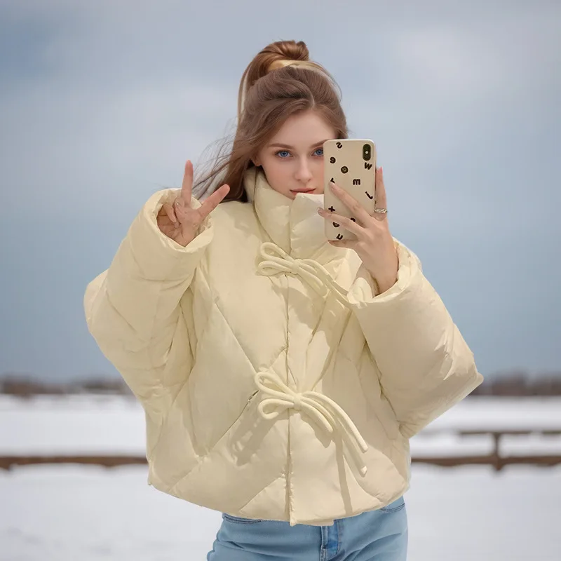 

Bow Tie Winter Female's Coat Solid Color Stand Collar Single Breasted Women's Parka Jacket Slouchy-Style Cropped Coat For Lady