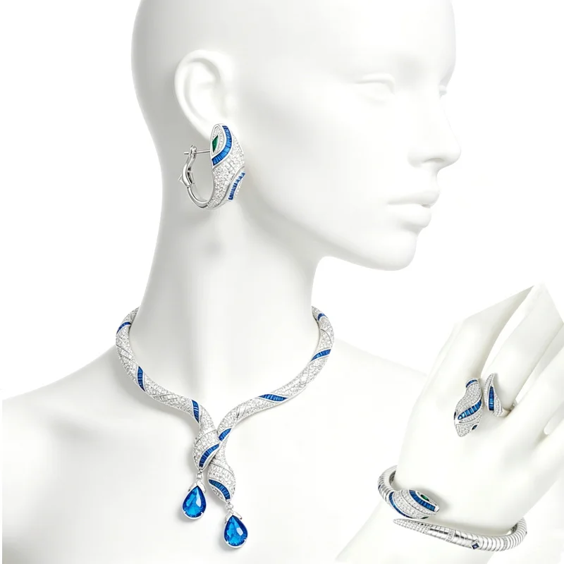 

Luxury Necklace Bracelet Earrings Ring Blue Red Green Teardrop Cubic Zircon Pendant Snake Snakelike Choker Fine Jewelry Sets