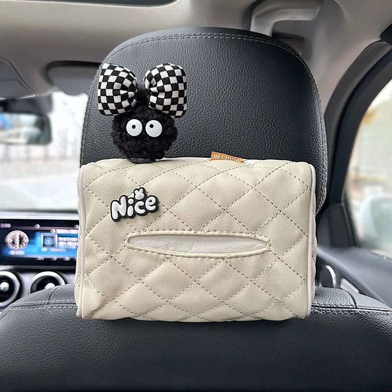 New Leather Car Tissue Box For Auto Hanging Back Seat Headrest Cute Cartoon Coal Ball Armrest Paper Holder Universal Storage Bag