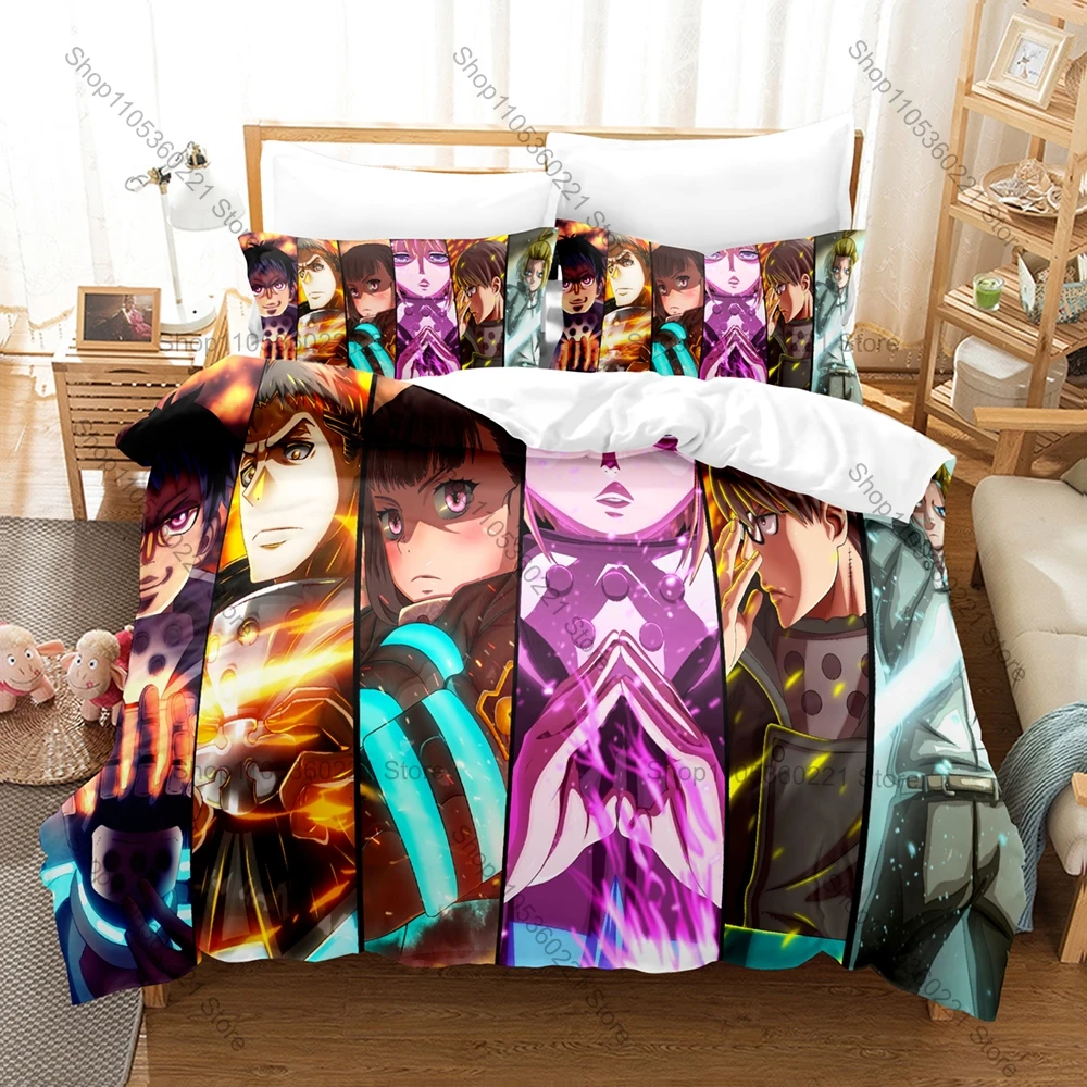 Burning Flame Anime Fire Force Full Printed 3PCS Bedding Duvet Cover + 2 Pillowcases Teen Dorm Home Decoration