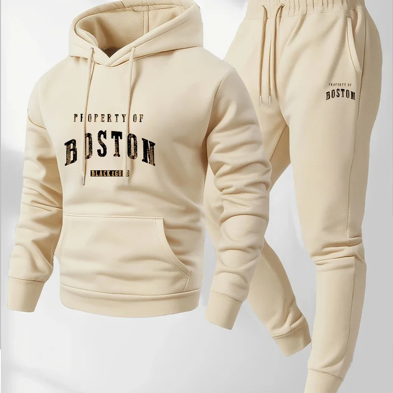 Mens  Soft Comfortable Boston Print Hooded Sweatshirt Sweatpants Set eco-Friendly Thin velvet warm autumn winter hoodies