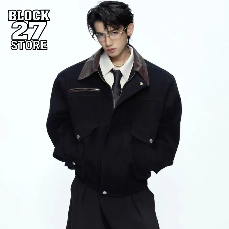 Mens Jacket Harajuku Classic Contrast Lapel Structured Workwear Coat Large Pocket Zip Up Outerwear Casual Streetwear Fashion New