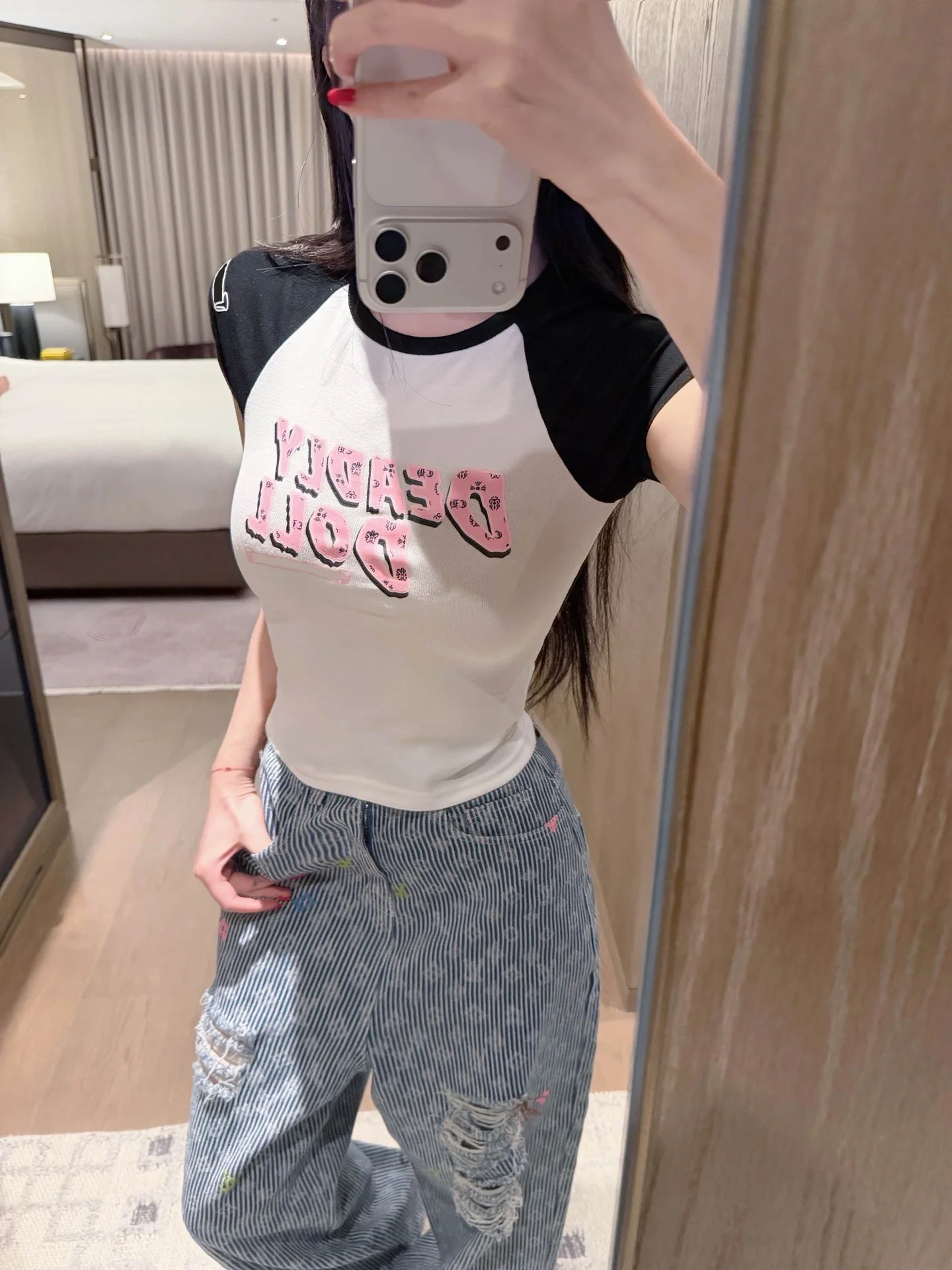 Limited Edition Color Block Letter Heart Goddess Shoulder Baring Short Sleeve T-Shirt Slim Fit Cotton Printed Anti-Wrinkle Br...