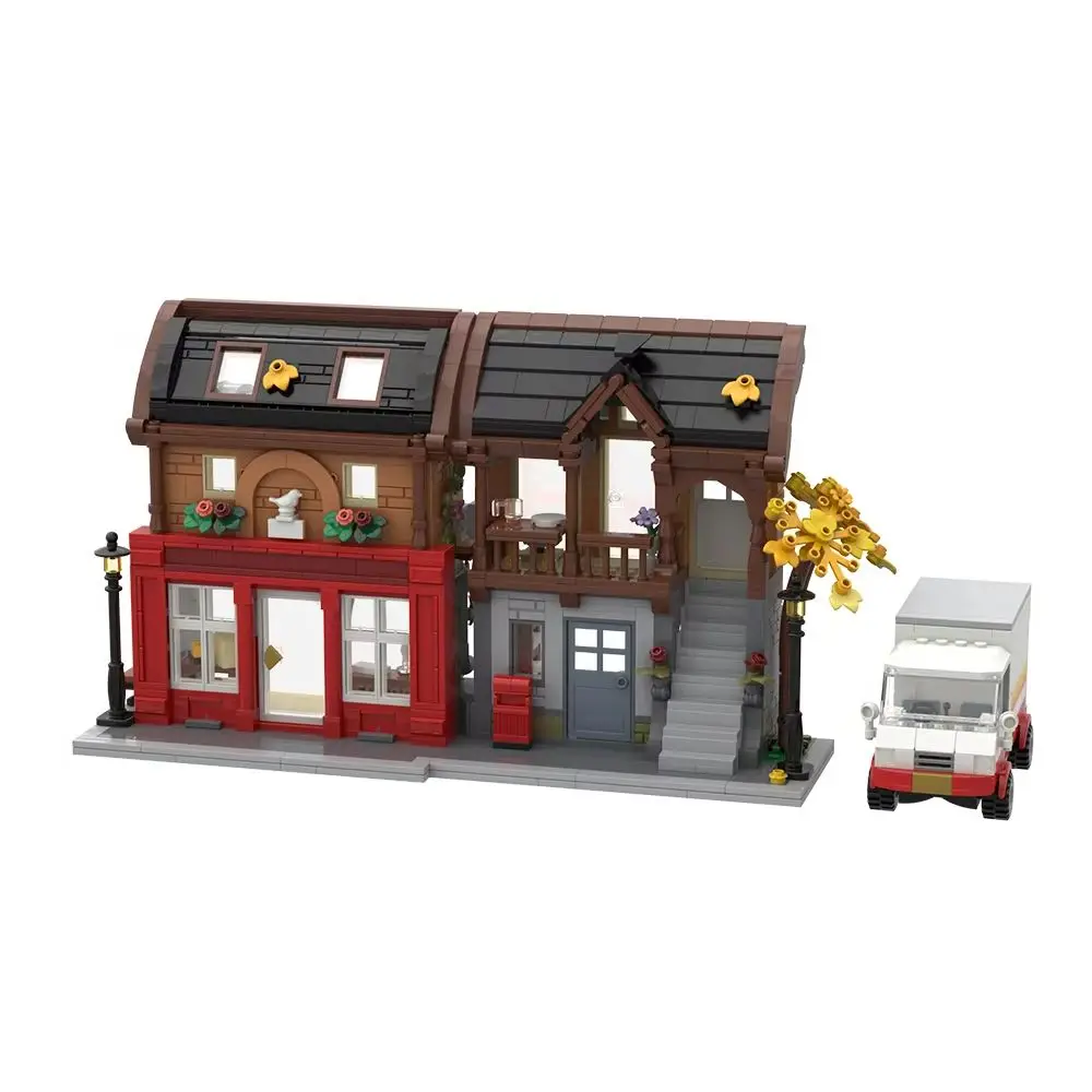 MOC The Red Postal Street Bricks Post Office Architectural Street View Building Blocks Model Assembly Toys Aldult Birthday Gifts