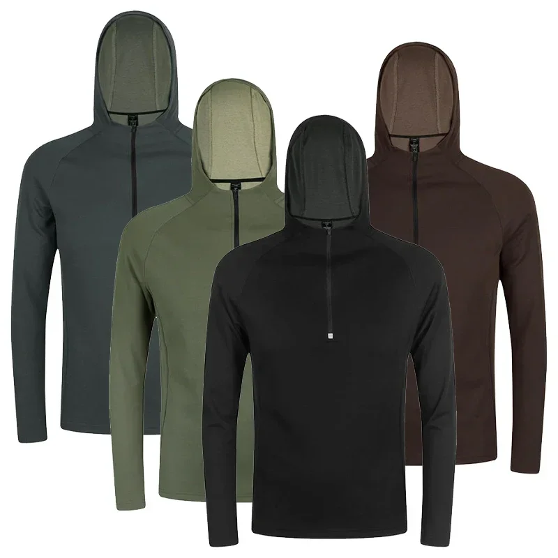 Men Outdoor Running Hoodies Fitness Sport Hooded Shirts Golf Half Zip Tops Workout Outer Clothing Male Cottony Sweatshirt