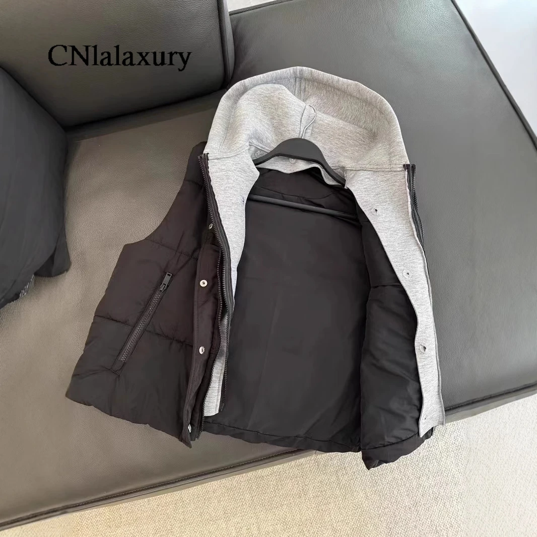 CNlalaxury Casual Street Style Cotton Vest Women Splicing Design Sleeveless Hooded Cotton Jacket Top 2024 Autumn Clothing