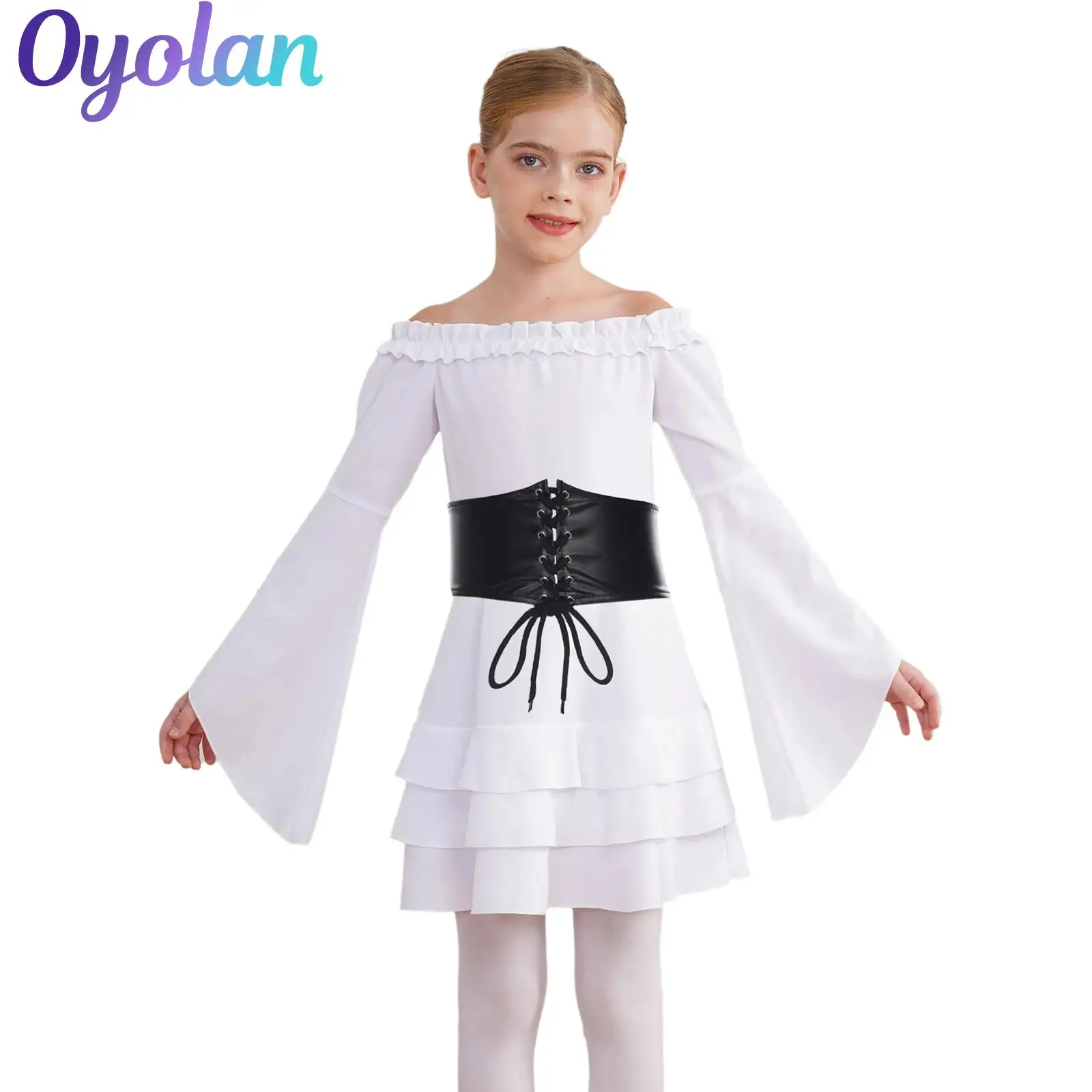 

Girls Pirate Medieval Renaissance Fairy Elf Cosplay Costume Halloween Tiered Ruffle Corset Dress with PU Leather Wide Waist Belt