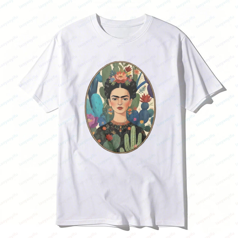 Classic-Frida-Kahlo-Portrait-Flowers-Cacti-Art-T-Shirt-Fashion-Cinco-De-Mayo-Casual-Summer-Unisex-Cotton-Tees-Retro-Style-Tshirt