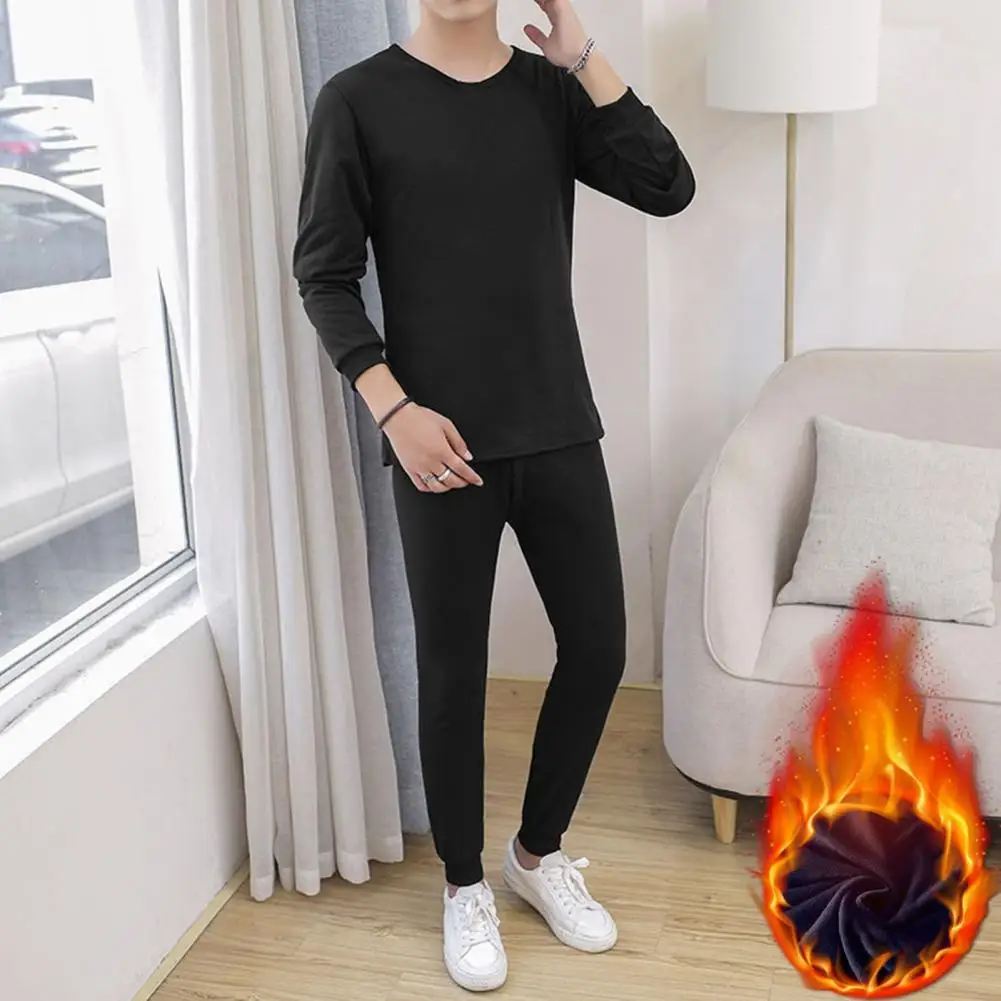 

2 Pcs/Set Winter Men Thermal Underwear Set Long Sleeve Warm Thick Slim Fit Elastic Open Crotch Men Pajamas Set Homewear Clothing