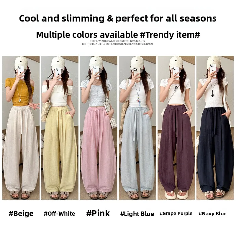 Calças Casuais de Algodão e Linho Soltas para Mulheres Tamanho Grande Ajuste Confortável Calças Cleanfit Cintura Média Baixa Material PVC