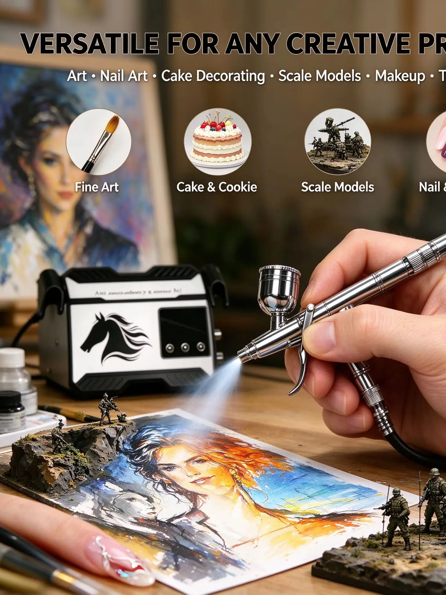 Complete Airbrush Kit with Digital Compressor, Dual Holder Airbrush Set for Sculpture Painting, Model Coloring & Leather Repair