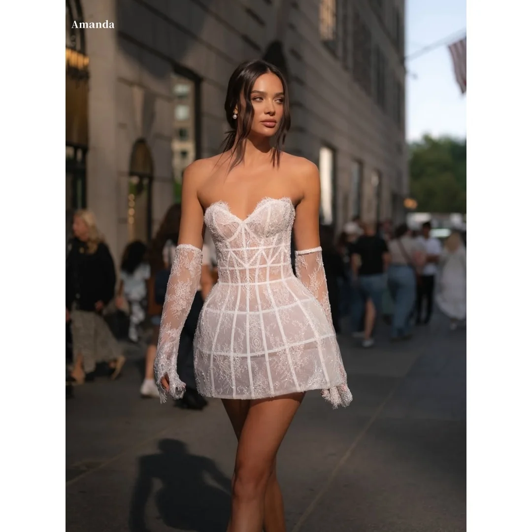 أماندا مخصص الأكمام البيضاء حمالة عارية الذراعين فستان حفلة موسيقية الزهور الدانتيل vestidos de noche تنورة صغيرة مساء رسمي 2025