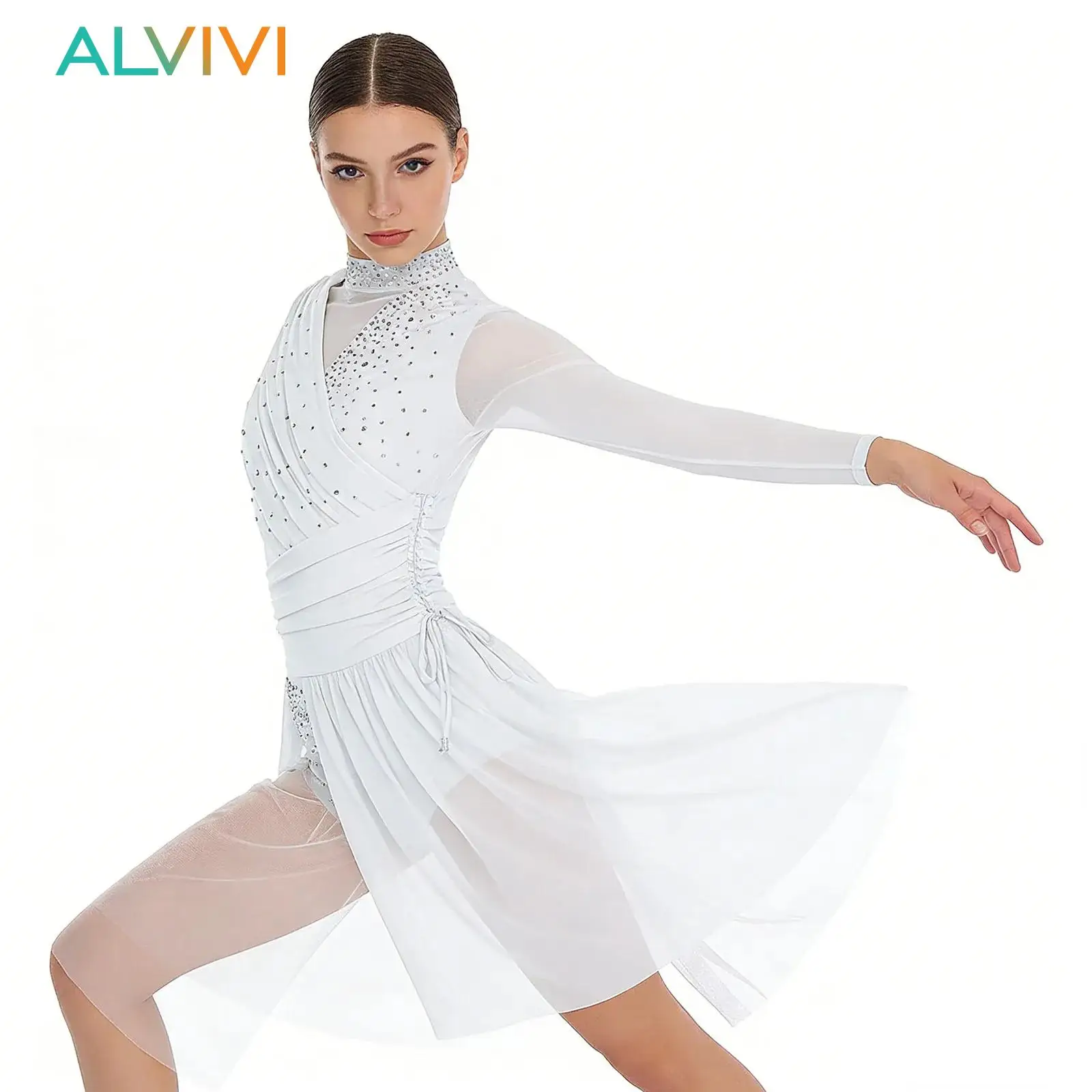 

Womens Gymnastics Skating Ballet Leotards Contemporary Dance Performance Costume Long Sleeve Mesh Rhinestone Lyrical Dance Dress
