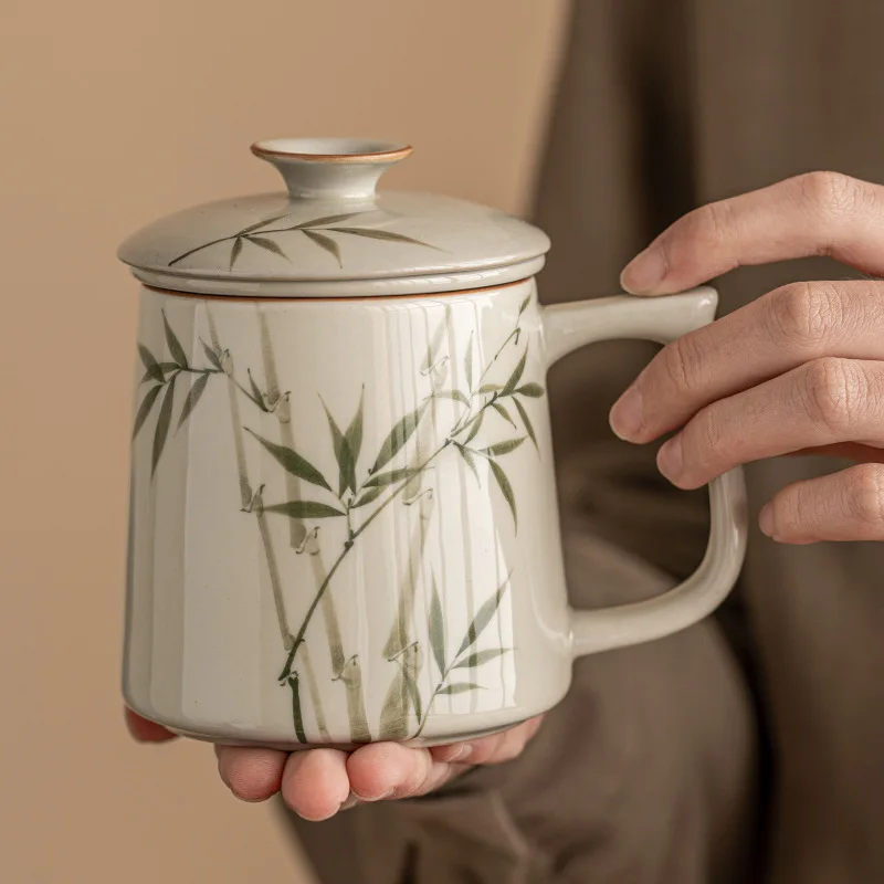 

Hand-painted Emerald Green Wenzhu Ceramic Mug with Lid Tea Separation Office Cup, High-end Tea Drinking Cup Personal