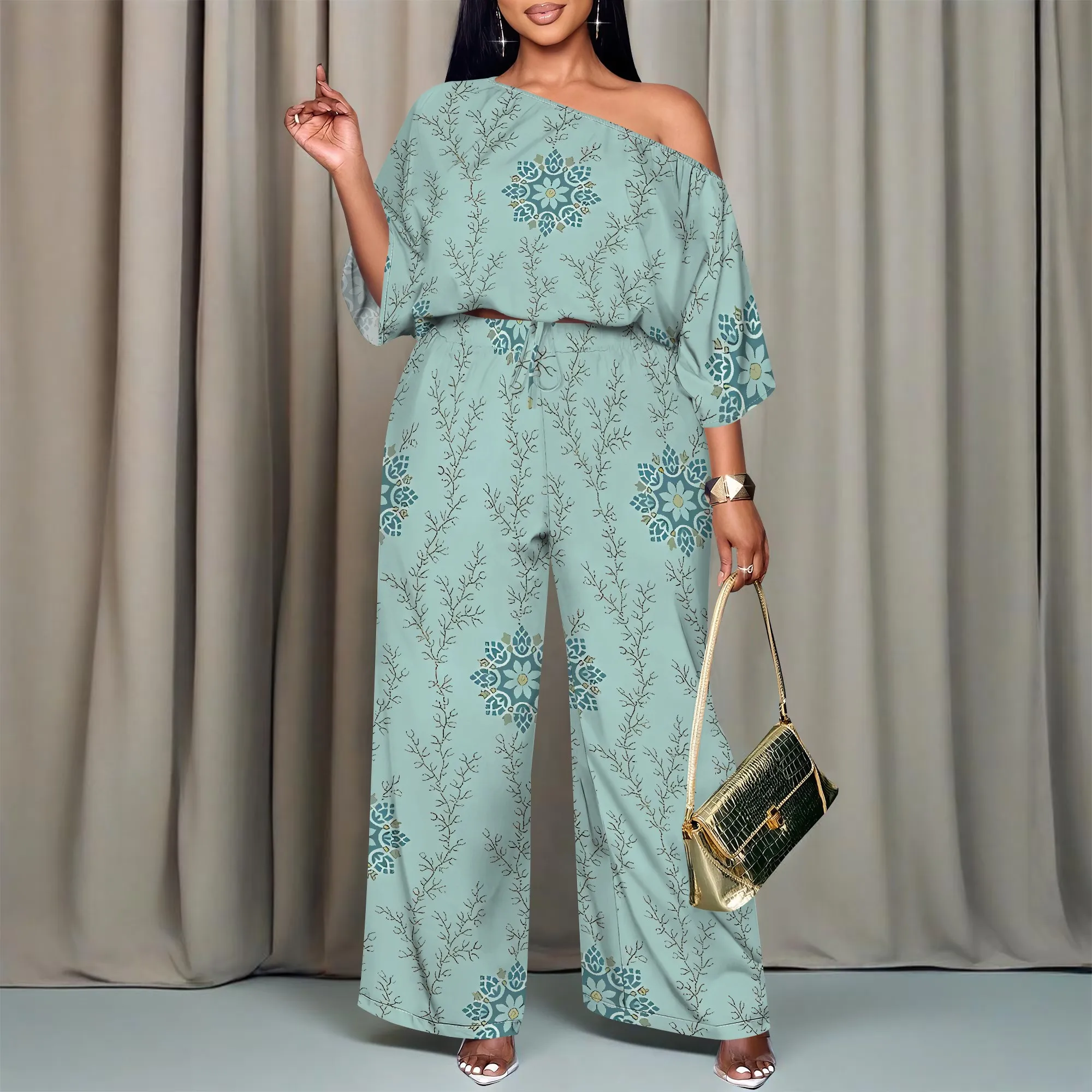 Nupusa Floral Mandala Print Two - Piece Set for Women Summer Boho Off - Shoulder Wide - Leg Outfit