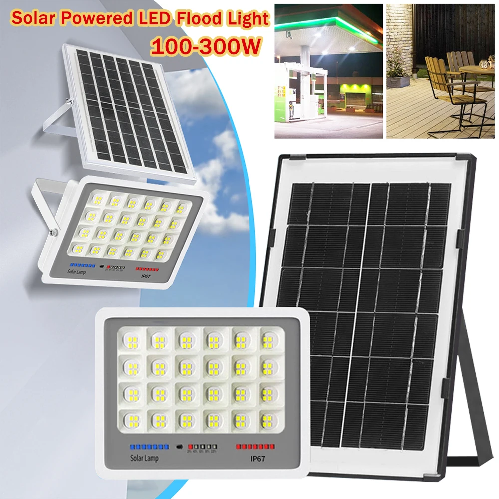 

Solar Powered LED Flood Light Auto-On Outdoor Security Lights Multi Modes Outside Spotlights Remote Control for Garden Courtyard