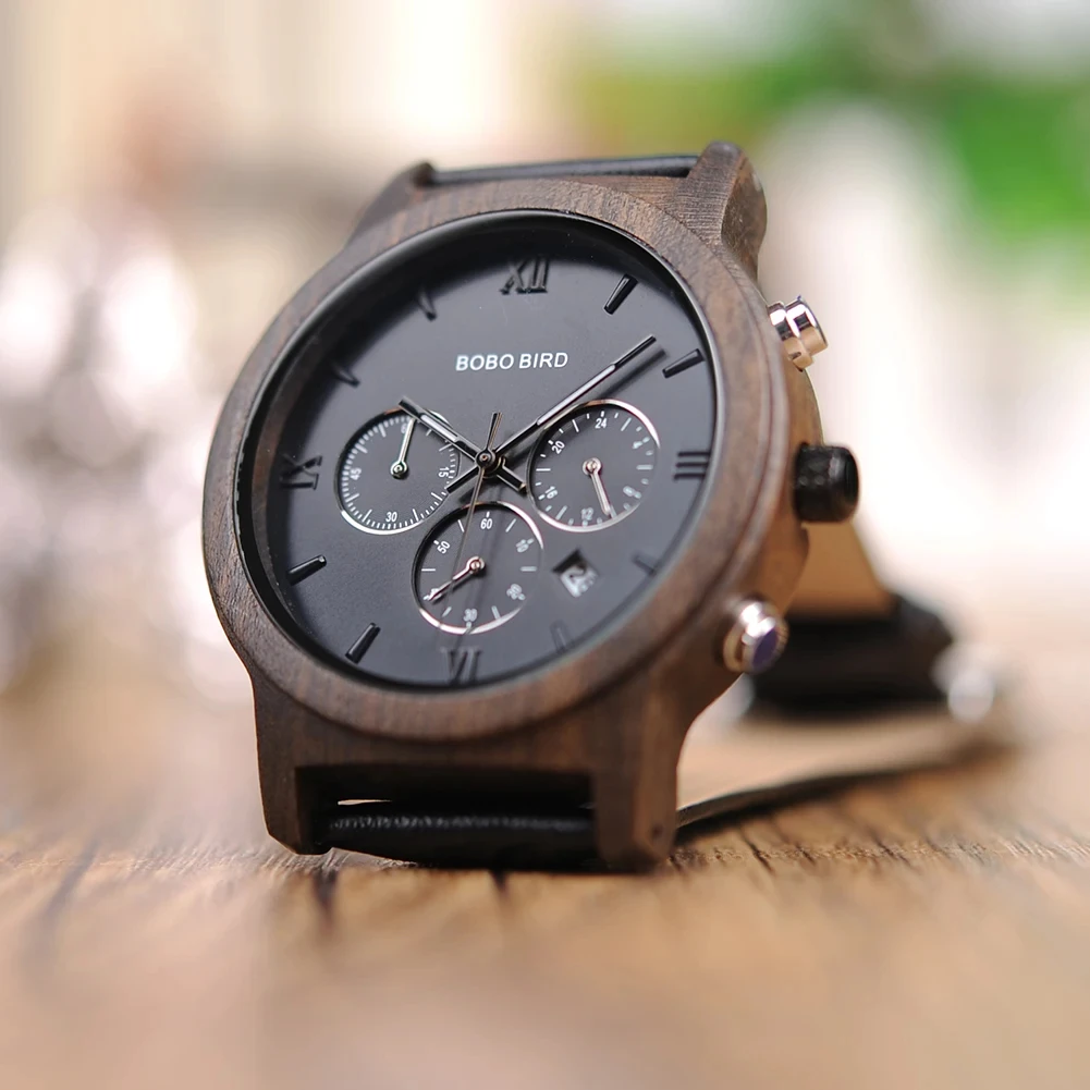 Wooden Men's Watch BOBO BIRD New Design Fashion Quartz Wristwatch Luminous Clock Hand Strap Leather Great Gift Box Мужские часы