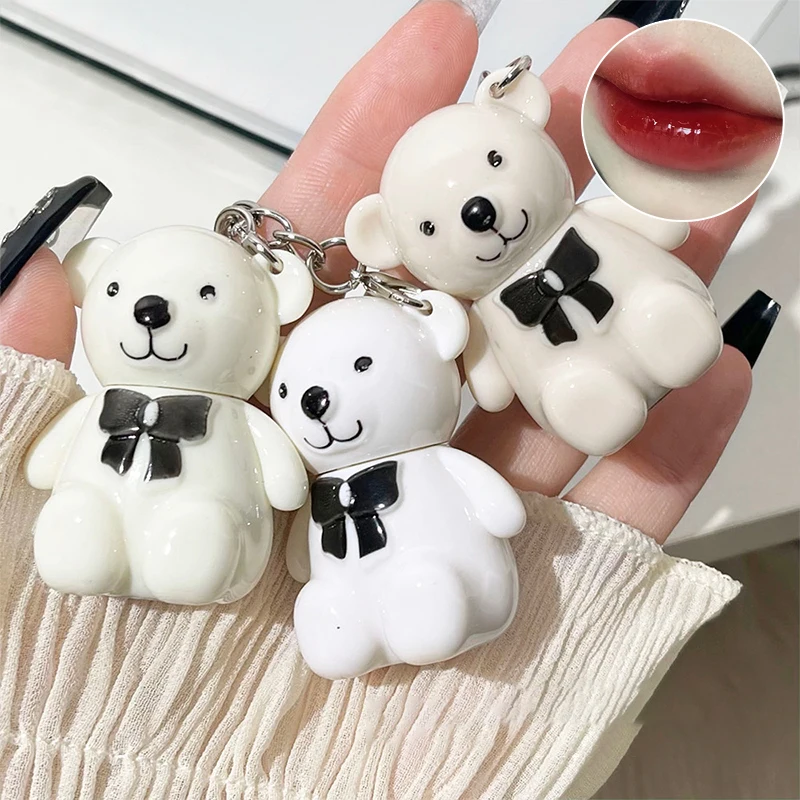 Water Light Stain Lip Gloss Mirror Glass Lipstick Cute Bear Keychain Lip Glazes Long-lasting Waterproof Matte Lip Tint Cosmetics