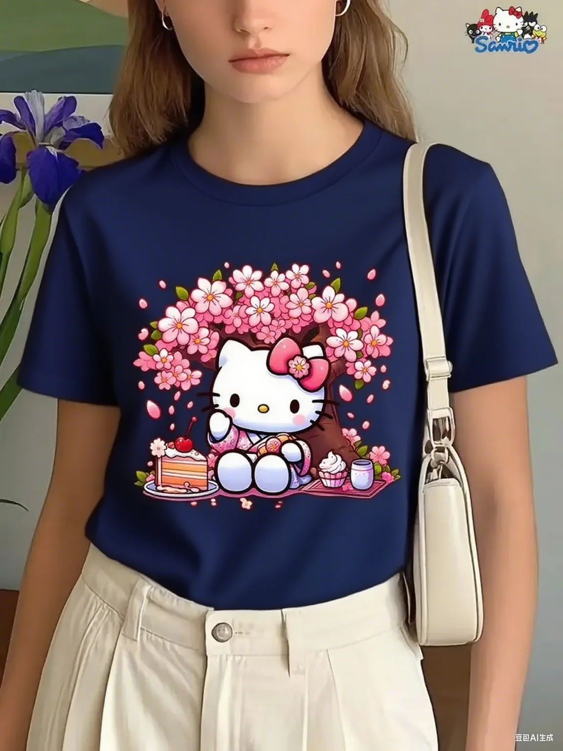 لطيف مرحبا كيتي زهر الكرز نزهة القطن تي شيرت العصرية المطبوعة العلامة التجارية القطن الخالص تي شيرت قصير الأكمام للجنسين جولة الرقبة #4