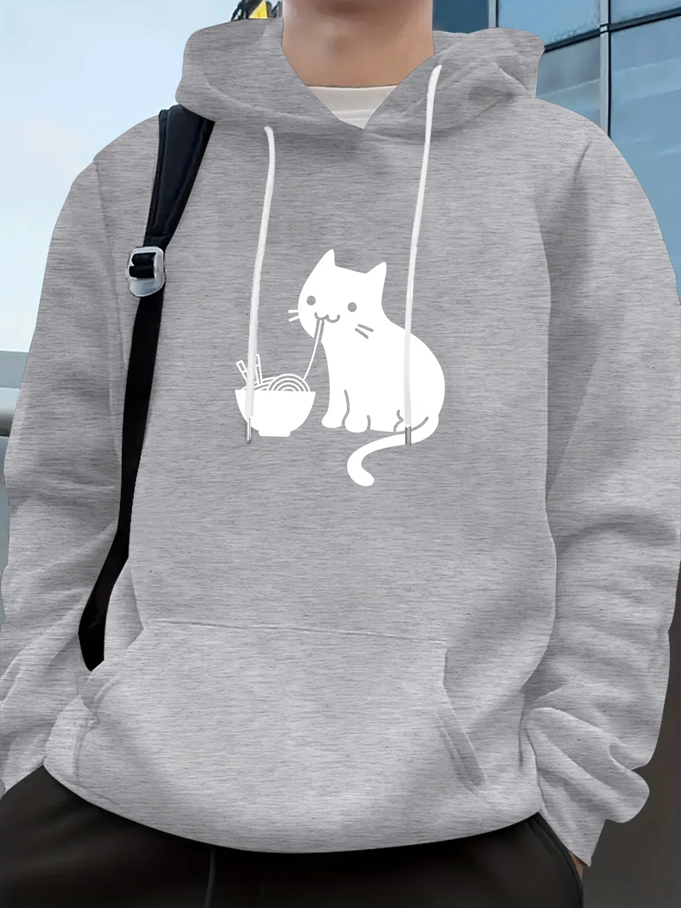 Unisex Funny Cartoon Cat Eating Noodles Hoodie Front Graphic Print Loose Long Sleeve Casual Street Fleece Pullover Sweatshirt