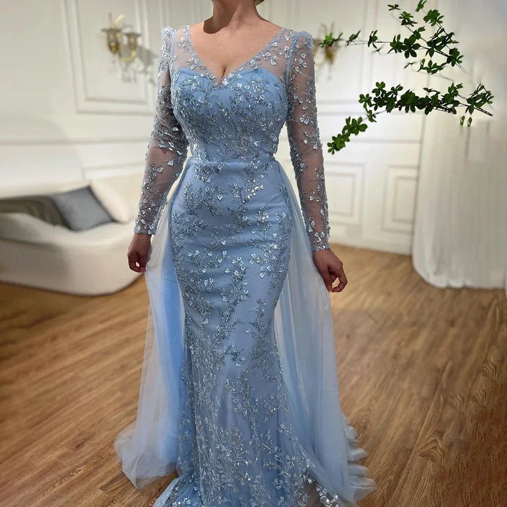 Blue Long sleeved Slim Fit Sexy Mermaid Fishtail Evening Dress 2024 Women\'s Gorgeous Luxury Elegant Formal Party Dress 2024