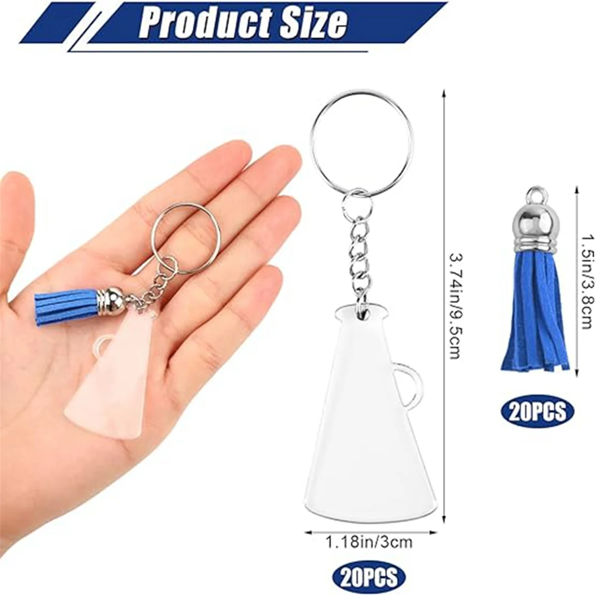 Cheer Megaphone Key Chains with Tassel, for DIY Crafting Project Graduation Gift,Blue