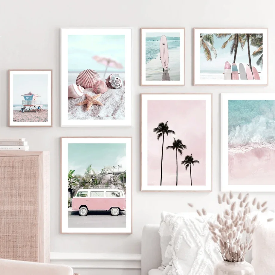 Pink Bus Beach Palm Surfboard Conch Posters Minimalist Print Canvas Painting Wall Art for Living Room Modern Home Decor