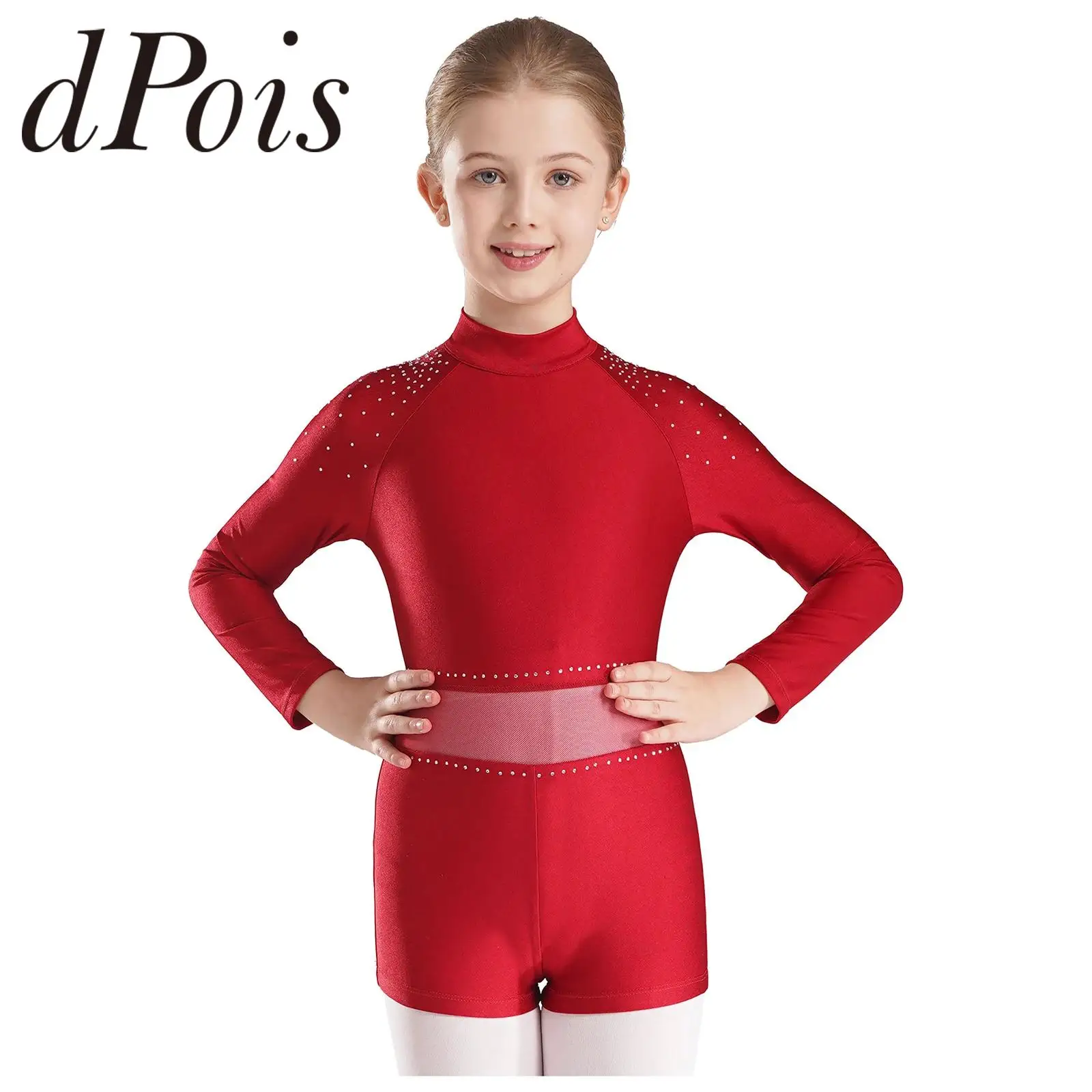 Kids Girls Figure Skating Ballet Leotard Gymnastics Unitards Rhinestones Long Sleeve Jumpsuit Teens Cut Out Back Dance Bodysuit