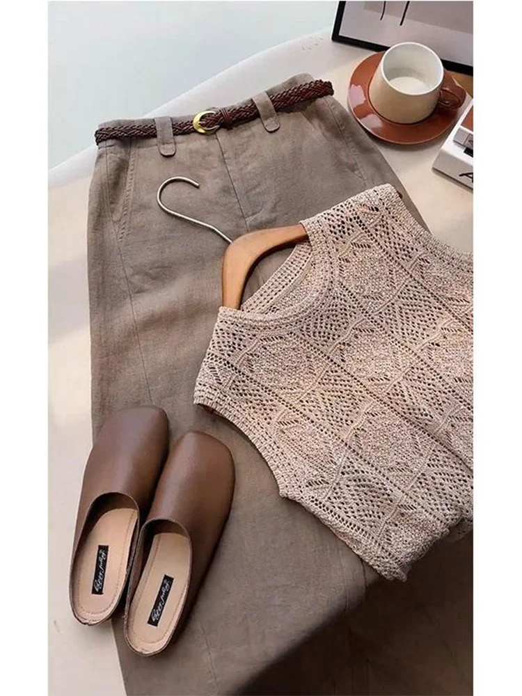 Slimming Hollow out Knitted Vest Women's round Neck Sleeveless Top Summer Outerwear Fashionable A-Line Narrow Shoulder Design