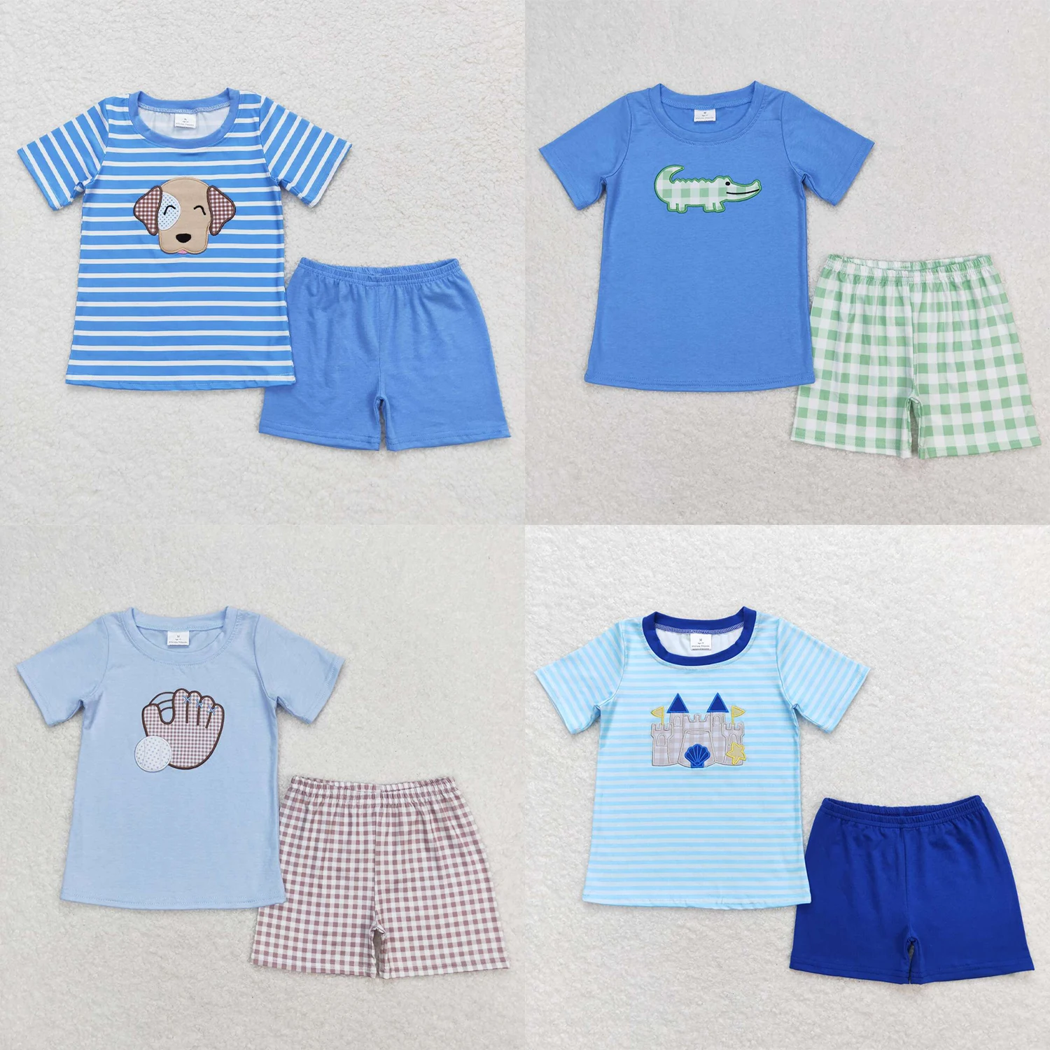 Wholesale Children Embroidery Summer Sets Toddler Short Sleeves Cotton Dog T-shirts Ducks Tee Kids Shorts Baby Boy Outfit