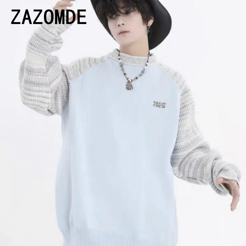 ZAZOMDE Sweaters Man Contrast Color All-match American Preppy Style Patchwork Long Sleeve Streetwear Slouchy Couple Knitwear Men