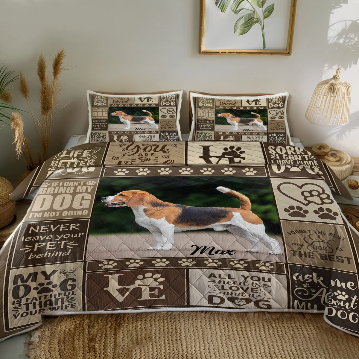 

3PCS Cute Dog with Words Printed Quilt Set Comforter for Animal Lovers With 2 Pilowcases For Kids and Adults Bedroom