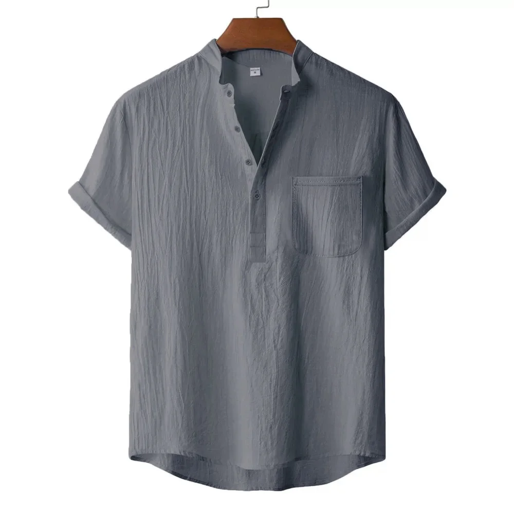 Heren zomer katoen linnen T-shirt strandstijl korte mouw henley nek vakantie Hawaii casual lichtgewicht ademend gezellige tops - afbeelding 1
