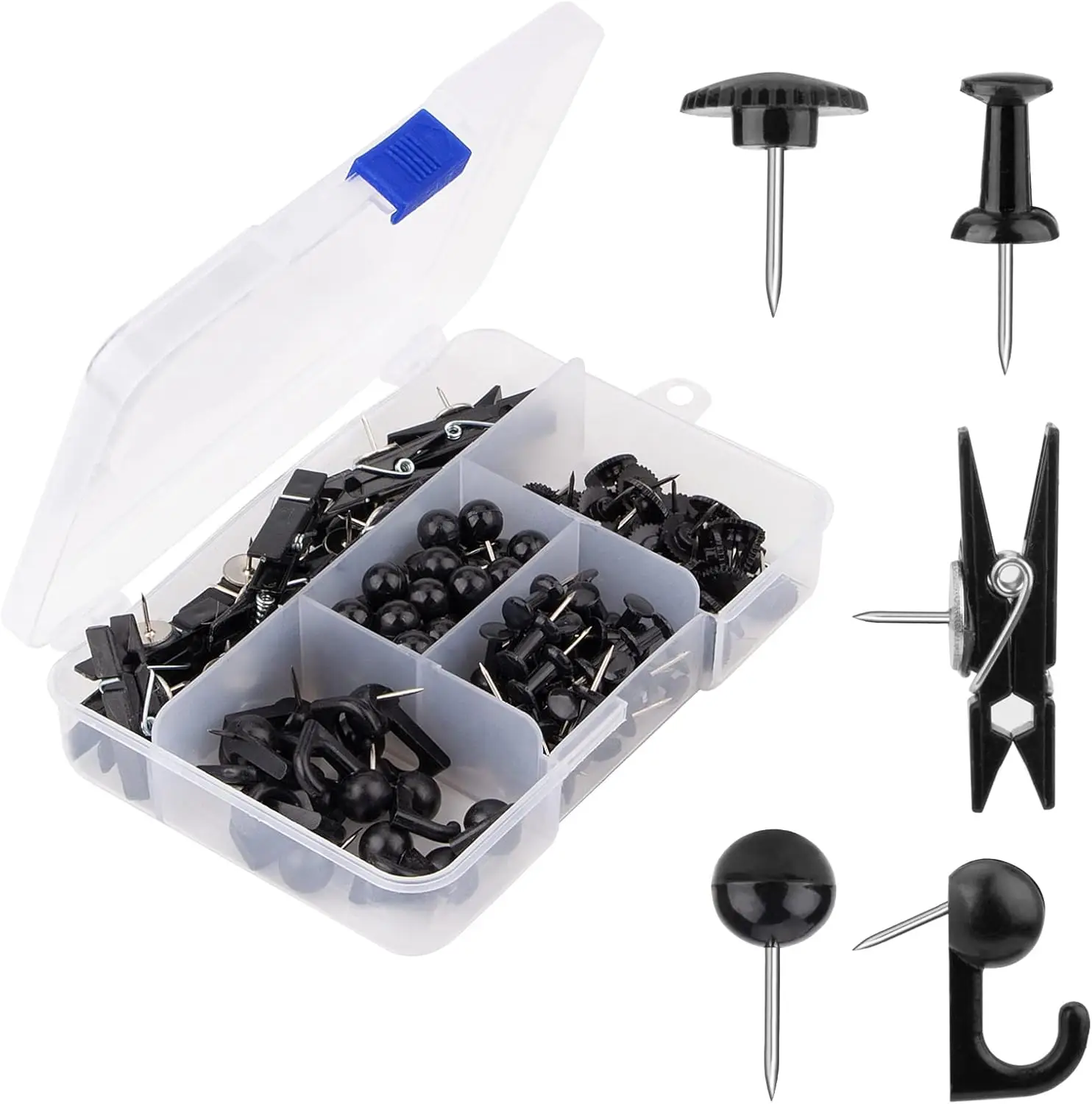 

5-in-1 Push Pins Set, 140pcs Thumb Tacks, Map Pins, Hooks & Clips for Cork Board, Bulletin Board, Black
