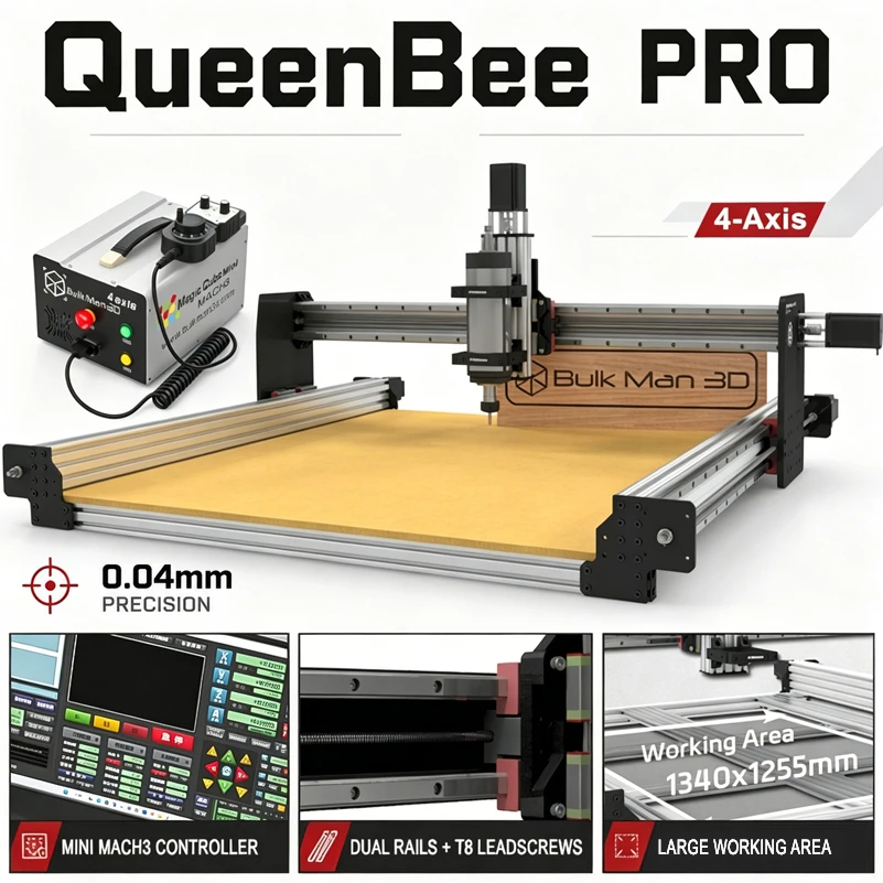 BulkMan3D QueenBee PRO 4-Axis CNC Router Machine UC300 Mach3 Control HGR Linear Rails Engraver for Wood Metal Plastic Cutting