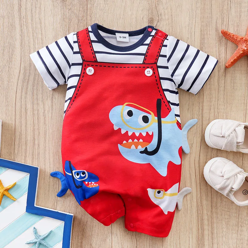 Newborn BoyAndGirl Jumpsuit Cute Cartoon Shark Striped Fake Shoulder Strap Summer Short Sleeved Jumpsuit For Children's Clothing