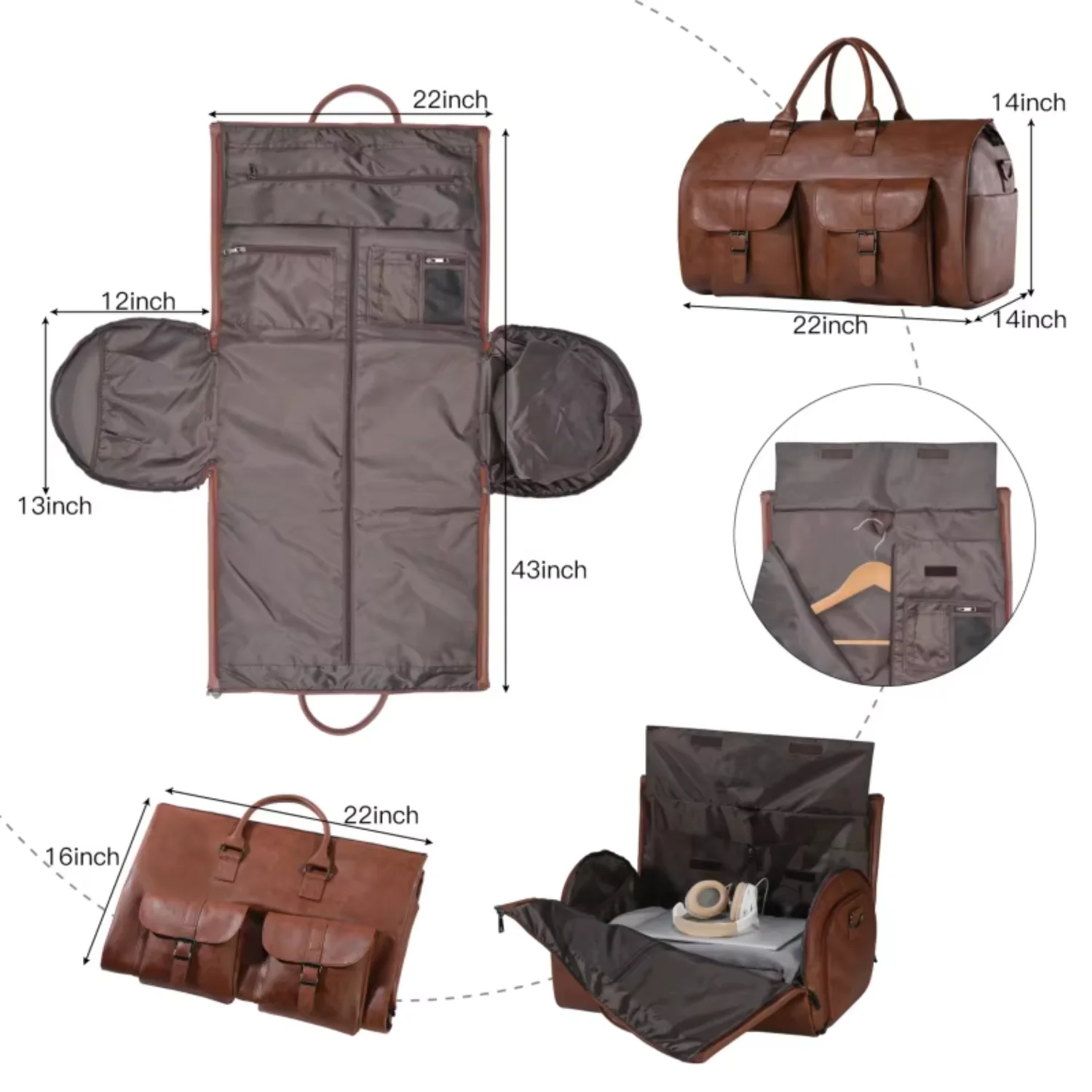 In  Hot Selling Carry On  Garment Suit Bags 3 In 1 PU Brown Men Convertible Garment  for Travel