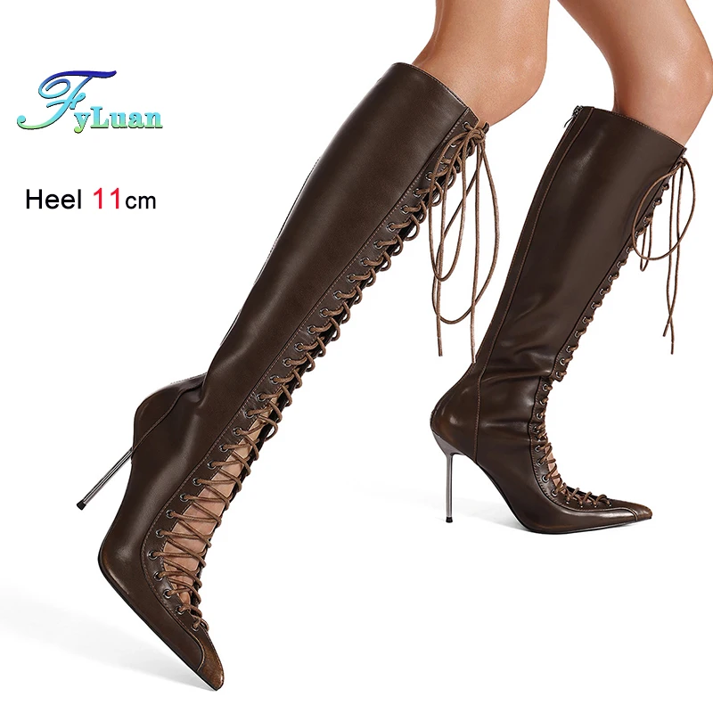 

2025 New Autumn Winter Tan Women's Knee High Boots Lace UP Thin High Heels 11cm Back Zipper Pointed Toe Ladies Shoes Dance Boots