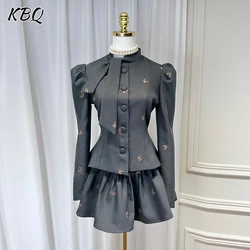 KBQ Elegant Two Piece Set For Women Stand Collar Long Sleeve Tops High Waist A Line Mini Skirt Casual Set Female Fashion Style