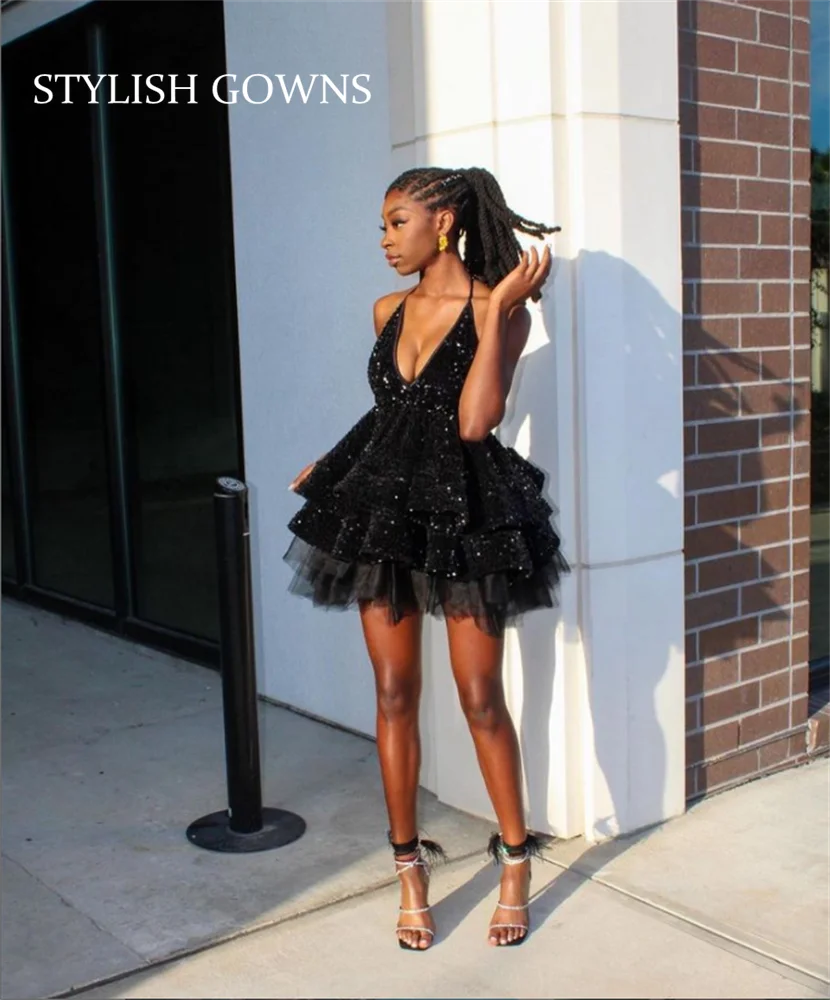 

Sexy Halter Short Prom Dress For Black Girl Sparkly Sequined Birthday Party Dresses Tiered Mini Cocktail Mermaid Homecoming