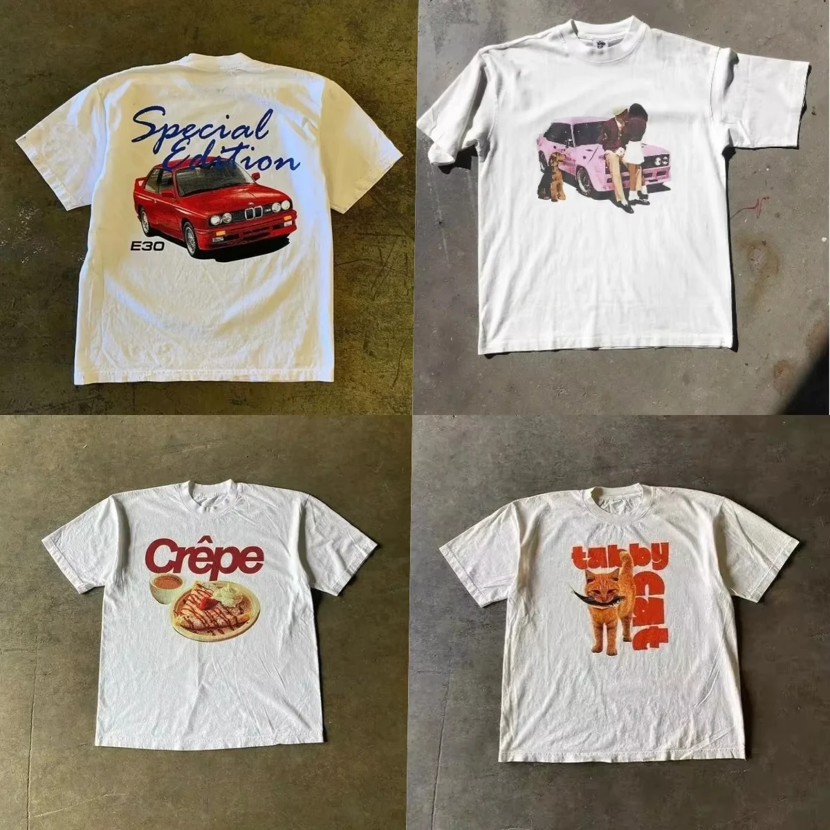 Męskie Damskie Uliczne Pomarańczowe Koszulki z Nadrukiem Kota i Samochodu z Krótkim Rękawem Harajuku Y2K Wysokiej Jakości Retro Oversize