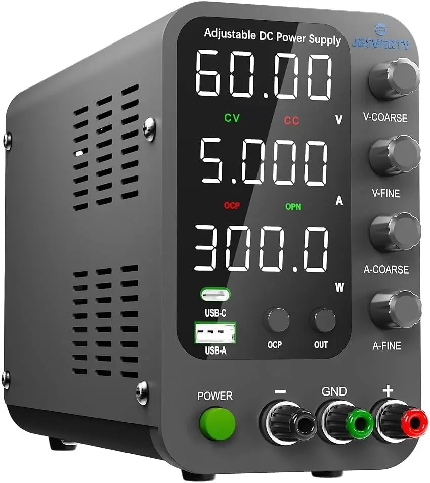 Adjustable DC Power Supply 0-60V 5A with USB/Type-C Quick Charge, LED Display & Knob Control