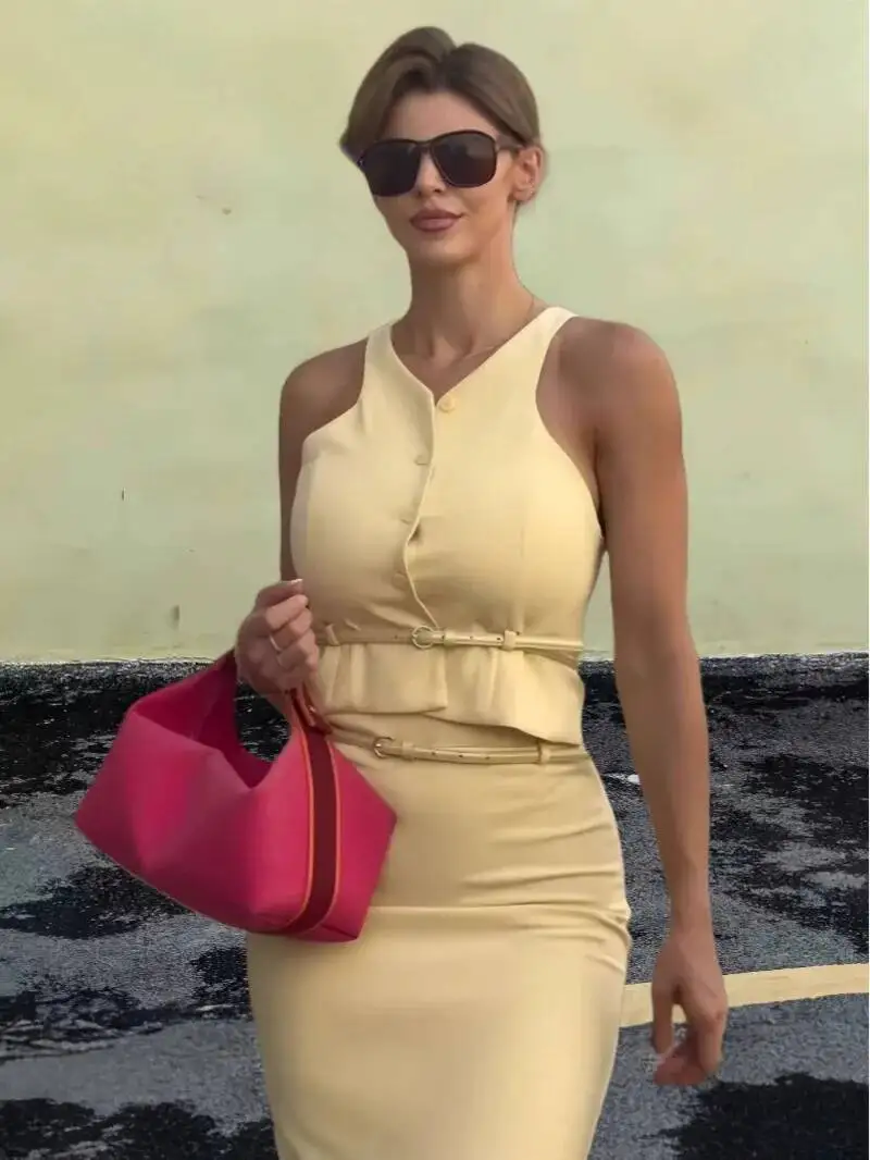 

Женский модный костюм, желтый пояс без рукавов с v-образным вырезом, топы с открытой грудью + пояс с карманами и высокой талией, длинные юбки, женский летний комплект