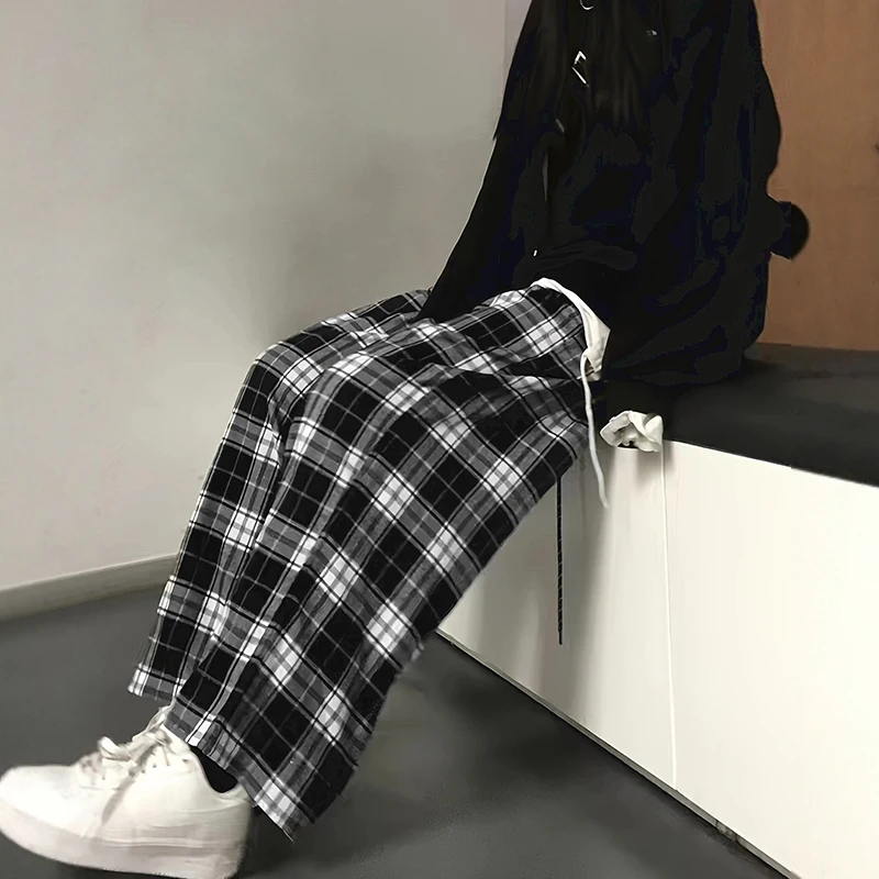 2024 Thin Women Korean Version of High-waisted Wide-leg Pants Casual Straight Hit Color Plaid Elastic Waist Dragging Pants